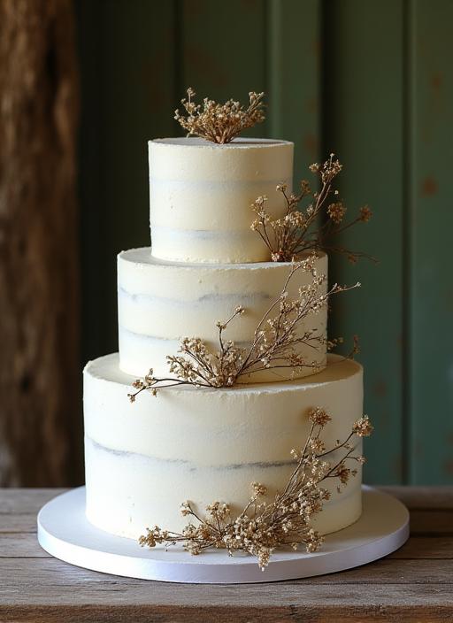 Tarta de boda de estilo rústico elegante con decoración minimalista y flores secas.