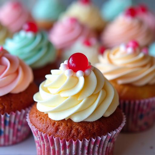 Cupcakes decorados individualmente para una fiesta, cada uno una pequeña obra de arte.