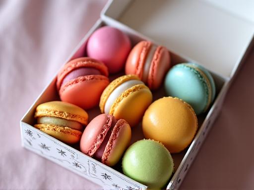 Caja de macarons de diferentes sabores y colores vivos, una explosión de delicadeza.